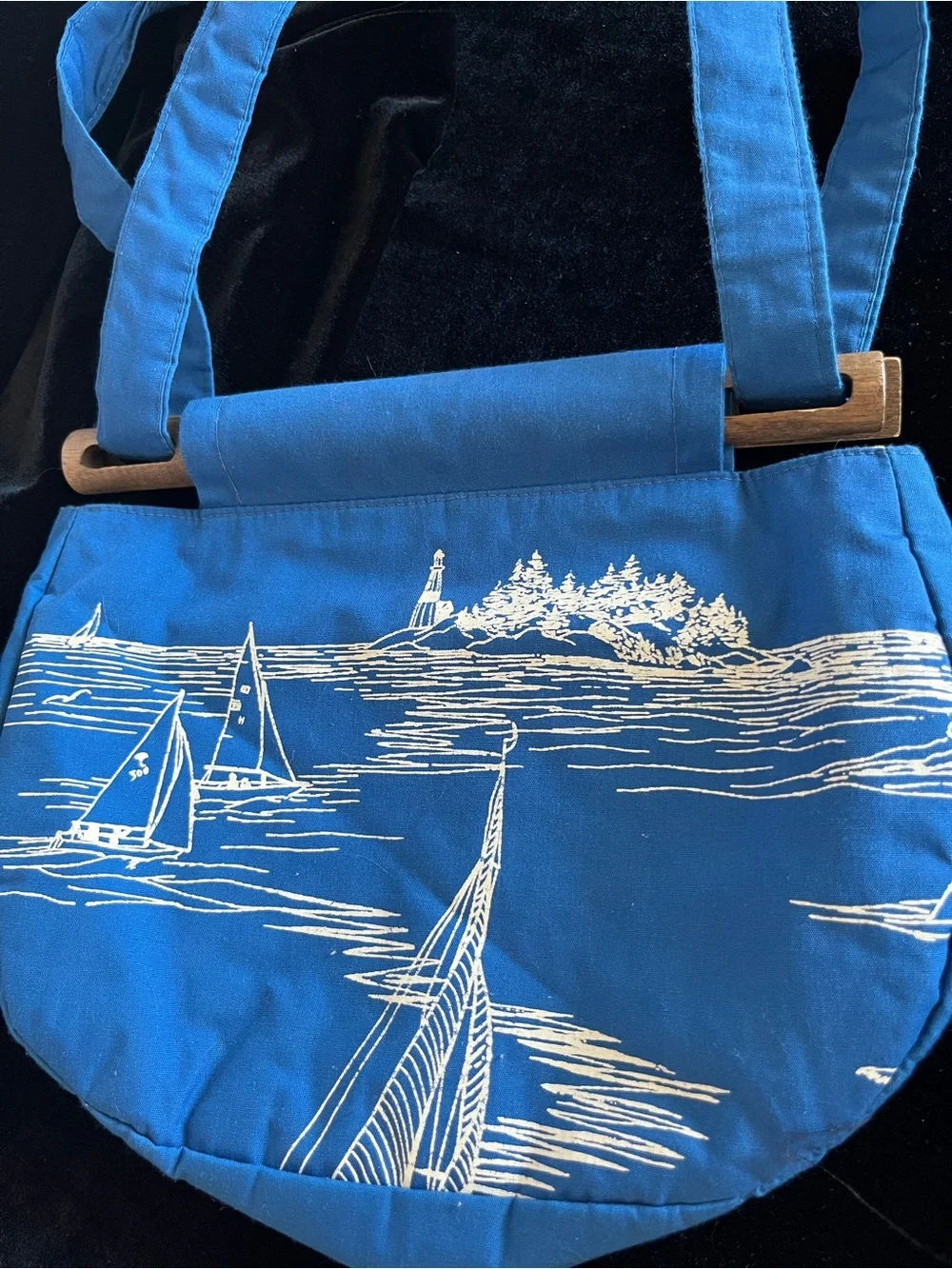 Vintage Flamstead of Vermont 70s-80s Coastal Sailboat Ocean Wood & Fabric Bag